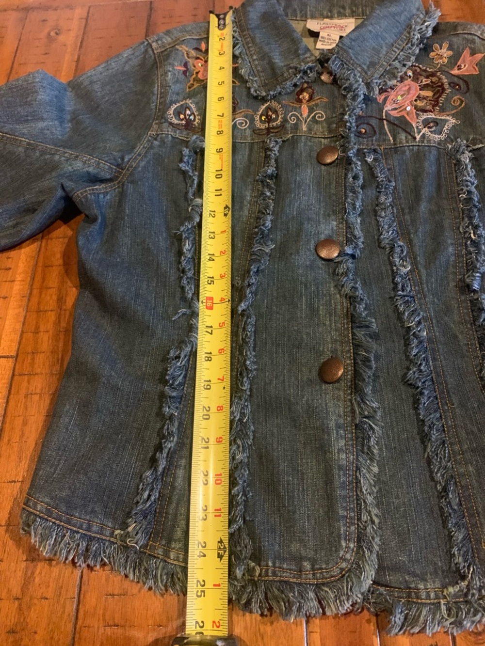 Vintage Boho Western Fringe Embroidered Denim Jean Jacket XL Floral Lace Beaded - Picture 11 of 11